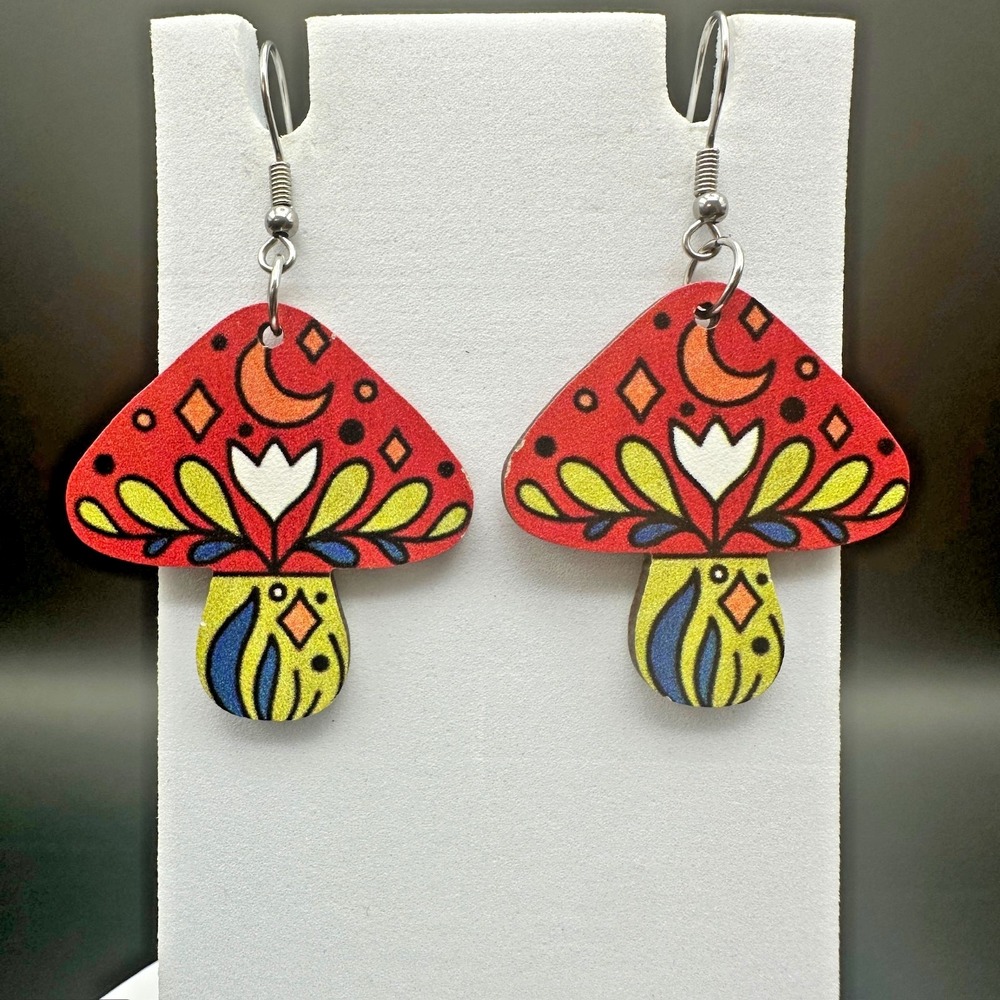 VTG Colorful Wood Funky Mushroom Dangle Hippie Hook Earrings Women's Jewelry